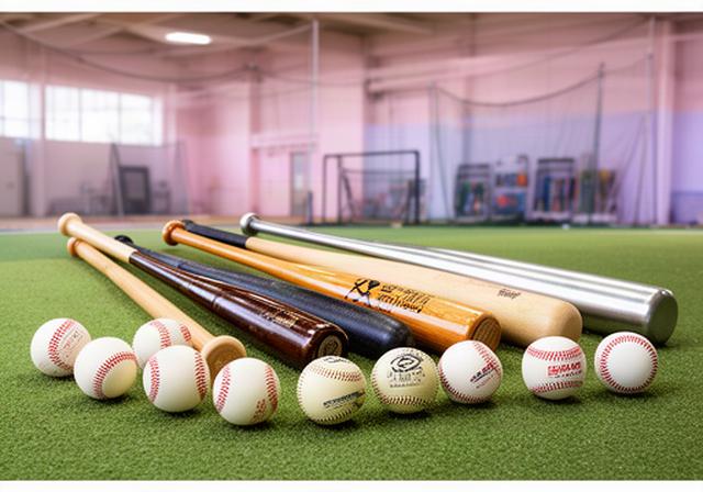 屋内の野球練習場に並べた硬式バットと軟式バット、試合球と練習球
