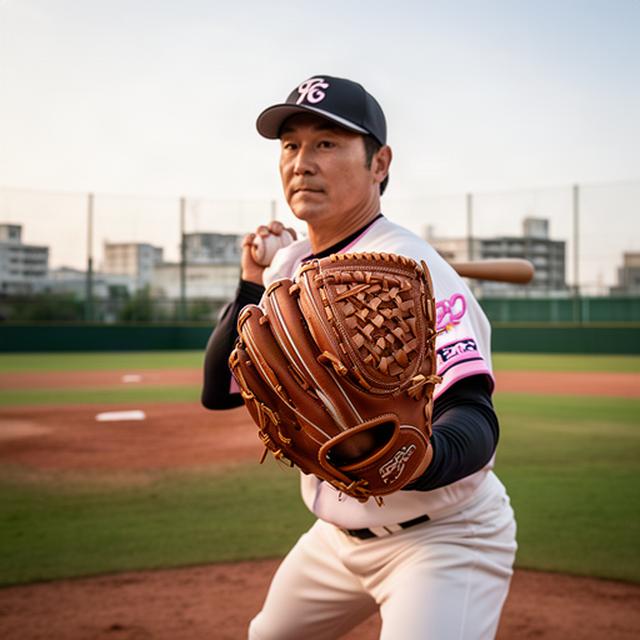 墨田区の野球場で大人の選手が革製グロブを手に守備練習をしている様子