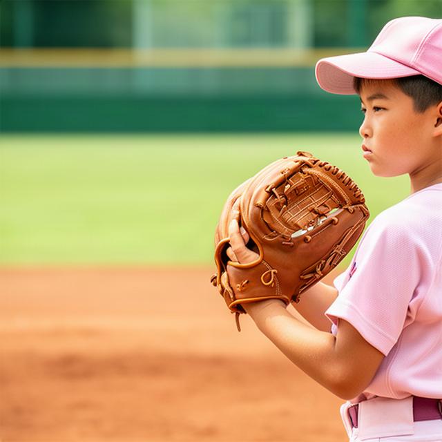 小学生の硬式野球選手がグラウンドで硬式グローブを構え、硬式球を待つ場面